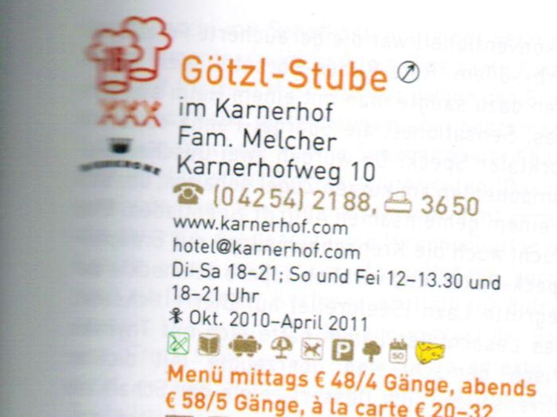 Restaurant- und Hoteleintrag für Götzl-Stube im Karnerhof mit Kontaktdaten, Menüpreisen und Beschreibung